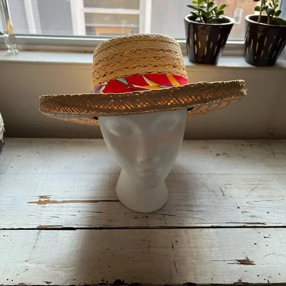 Raffia Straw Woven Tan Sun Hat with Tropical Band - Picture 3 of 13